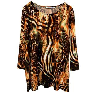 Susan Graver Liquid Knit Top Plus Size 2X Leopard Stretch Tunic 3/4 Sleeve Brown